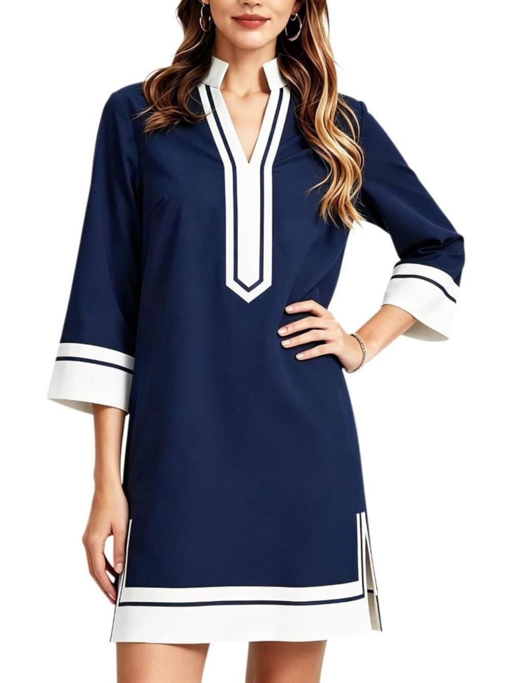 Linen Shift Dress for Women - V Neck, 3/4 Sleeve, Mini Length, Pockets